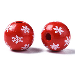 Red Painted Natural Wood European Beads, Large Hole Beads, Printed, Christmas, Round with Snowflake, Red, 16x15mm, Hole: 4mm