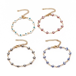 Mixed Color Enamel Rhombus with Evil Eye Link Chains Bracelet, Vacuum Plating 304 Stainless Steel Jewelry for Women, Golden, Mixed Color, 6-5/8 inch(16.8cm)