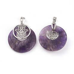 Amethyst Natural Amethyst Pendants, with Platinum Tone Brass Findings, Flat Round with Hamsa Hand/Hand of Fatima/Hand of Miriam, 32~32.5x28x7~7.5mm, Hole: 5x8mm