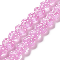 Perlas de Color Rosa Cuentas de vidrio transparentes, con esmalte, corazón con lunares, rosa perla, 13x14x9 mm, agujero: 1.2 mm, sobre 30 unidades / cadena, 14.57'' (37 cm)