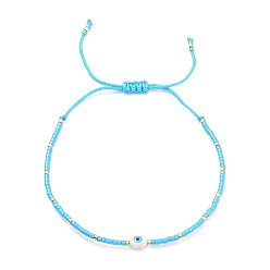 Bleu Ciel Foncé Bracelet réglable en perles miyuki graine et résine mauvais œil tressé pour femme, bleu profond du ciel, diamètre intérieur: 1-3/4~2-3/4 pouce (4.4~7.1 cm)