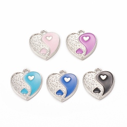 Mixed Color Alloy Enamel Pendants, Heart with Yin Yang Charm, Platinum, Mixed Color, 17x15x1.6mm, Hole: 1.8mm