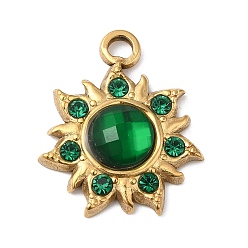 Green Real 18K Gold Plated 304 Stainless Steel Pendants, with Glass, Sun Charms, Green, 24.5x20.5x5~6mm, Hole: 2.5mm