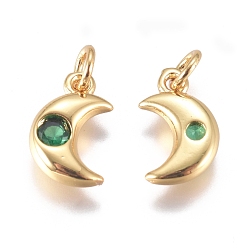Vert Micro cuivres ouvrent charmes de zircons, avec anneau de saut, plaqué longue durée, lune, or, verte, 10x6.5x2mm, Trou: 3mm