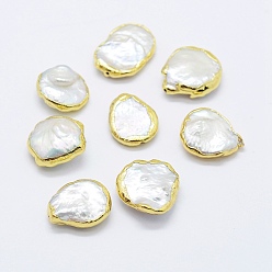 Blanc Culture des perles perles d'eau douce naturelles, bord plaqué or, nuggets, blanc, 13~19x12~15x5~7mm, Trou: 0.5mm