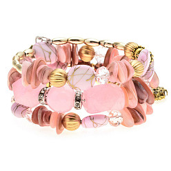 Pink Alloy & Resin Beads Three Loops Wrap Style Bracelet, Bohemia Style Bracelet for Women, Pink, 7-1/8 inch(18cm)