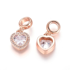 Rose Gold Brass Micro Pave Cubic Zirconia European Dangle Charms, Large Hole Pendants, Heart, Clear, Rose Gold, 22mm, Hole: 5mm