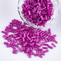 Magenta Glass Bugle Beads, Round Hole, Opaque Colours, Magenta, 3~5x1.5~2mm, Hole: 0.8mm, about 15000pcs/bag