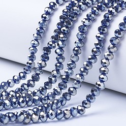 Prussian Blue Electroplate Glass Beads Strands, Platinum Plated, Faceted, Rondelle, Prussian Blue, 6x5mm, Hole: 1mm, about 85~88pcs/strand, 16.1~16.5 inch(41~42cm)