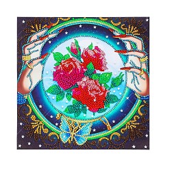 Fleur Kits de peinture diamant bricolage, y compris les strass en résine, stylo collant diamant, plaque de plateau et pâte à modeler, motif rose, 300x300mm