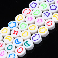 Mixed Color Handmade Polymer Clay Bead Strands, Flat Round with Flower & Moon & Star & Heart, Mixed Color, 9~9.5x4~4.5mm, Hole: 1.6mm, about 40pcs/strand, 14.80 inch~15.16 inch(37.6~38.5cm)