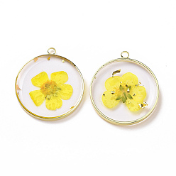 Yellow Transparent Clear Epoxy Resin Pendants, with Edge Golden Plated Brass Loops and Gold Foil, Flat Round Charms with Inner Flower, Yellow, 33.8x30x4mm, Hole: 2.5mm