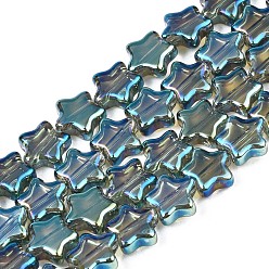 Verde azulado Perlas de vidrio electroplate hebra, color de ab, estrella, cerceta, 8.5x9x3 mm, agujero: 0.8 mm, sobre 79~80 unidades / cadena, 24.80 pulgada ~ 25.20 pulgada (63~64 cm)