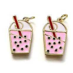 Pink Brass Enamel Pendants, Long-Lasting Plated, Real 18K Gold Plated, with Jump Ring, Bubble Tea Shape, Pink, 20x12x2.2mm, Hole: 3.2mm