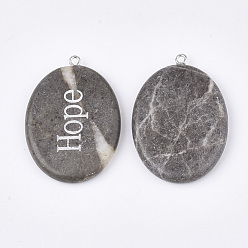 Marble Pendentifs en marbre naturel, pendentifs à message inspirant, avec les accessoires en fer, ovale avec le mot espoir, platine, 43~44x29~30x5~6mm, Trou: 2mm
