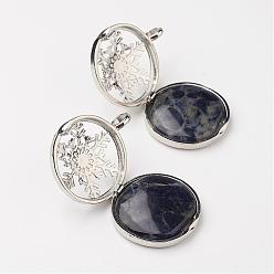 Sodalite Natural Sodalite Pendants, with Brass Diffuser Locket Findings, Flat Round with Snowflake, 31x26x8mm, Hole: 4mm