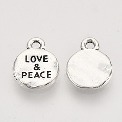 Antique Silver Tibetan Style Alloy Pendants,  Cadmium Free & Lead Free, Flat Round with Word Love & Peace, Antique Silver, 13.5x10.5x1.5mm, Hole: 1.5mm, about 555pcs/500g