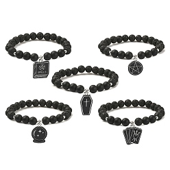 Mixed Shapes Bracelet extensible en perles de lave naturelle et d'agate noire avec breloques en alliage d'émail, formes mixtes, diamètre intérieur: 2-1/8 pouce (5.4 cm)