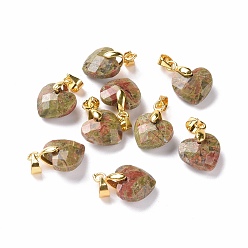 Unakite Natural Unakite Pendants, with Golden Tone Brass Clasp, Faceted Heart Charms, 11x12x5mm, Hole: 4.5x3.5mm