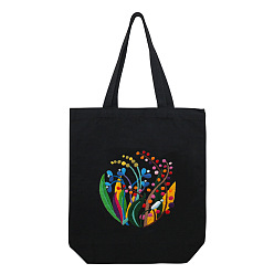 Colorful DIY Flower Pattern Black Canvas Tote Bag Embroidery Kit, including Embroidery Needles & Thread, Cotton Fabric, Plastic Embroidery Hoop, Colorful, 390x340x100mm