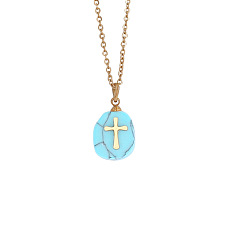 Synthetic Turquoise Synthetic Turquoise Oval with Cross Pendant Necklace, Stainless Steel Jewelry for Women, Golden, 15.75 inch(40cm)
