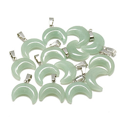 Aventurine Natural Green Aventurine Pendants, with Stainless Steel Snap On Bails, Moon, Stainless Steel Color, 18~19x20x6mm, Hole: 6x2.5mm