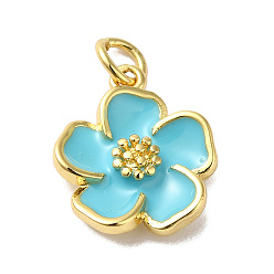 Deep Sky Blue Rack Plating Brass Enamel Charms, Lead Free & Cadmium Free, with Jump RIng, Real 18K Gold Plated, Long-Lasting Plated, Flower Charm, Deep Sky Blue, 15x13x3.5mm