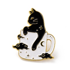 White Cat in Cup Enamel Pin, Cute Alloy Enamel Brooch for Backpacks Clothes, Light Gold, White, 30x24x9.5mm