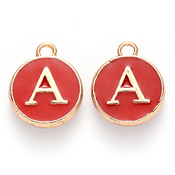 Letter A Golden Plated Enamel Alloy Charms, Enamelled Sequins, Flat Round, Red, Letter.A, 14x12x2mm, Hole: 1.5mm, 100pcs/Box