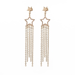 Golden Brass Star with Tassel Dangle Chandelier Earrings, 304 Stainless Steel Long Drop Earrings for Women, Golden, 75mm, Pin: 0.8mm