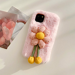 Pink Warm Plush Mobile Phone Case for Women Girls, Winter Sunflower Shape Camera Protective Covers for iPhone13, Pink, 14.67x7.15x0.765cm