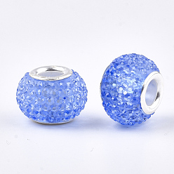 Bleu Bleuet Rhinestone de résine de perles européennes, Perles avec un grand trou   , en laiton de tonalité de platine noyaux doubles, rondelle, perles baies, bleuet, 14x10mm, Trou: 5mm