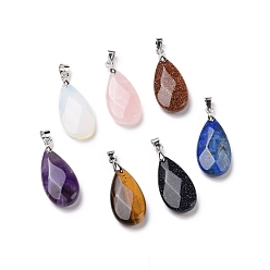 Mixed Stone Natural & Synthetic Mixed Gemstone Pendants, with Brass Platinum Tone Findings, Faceted, Teardrop Charm, 29~30.5x13x6~7mm, Hole: 4x3.5mm