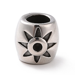 Antique Silver 304 Stainless Steel European Beads, Large Hole Beads, Drum with Flower, Antique Silver, 9x10mm, Hole: 5mm