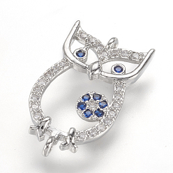 Real Platinum Plated Brass Micro Pave Cubic Zirconia Links, Owl, Real Platinum Plated, 20x11x2mm, Hole: 1mm