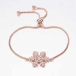 Rose Gold Adjustable Brass Micro Pave Cubic Zirconia Bolo Bracelets, Slider Bracelets, with Brass Box Chains, Snowflake, Rose Gold, 10-1/4 inch(260mm), 1.2mm