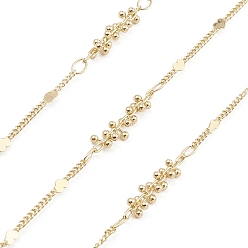Real 18K Gold Plated Brass Heart & Beaded Link Chains, Unwelded, with Spool, Real 18K Gold Plated, 1~2x0.8mm