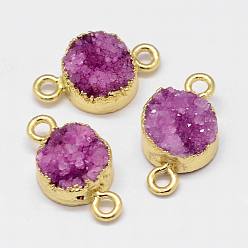 Medium Orchid Electroplated Natural & Dyed Druzy Agate Links connectors, with Golden Plated Brass Findings, Flat Round, Medium Orchid, 16~18x10~10.5x6~7mm, Hole: 2mm