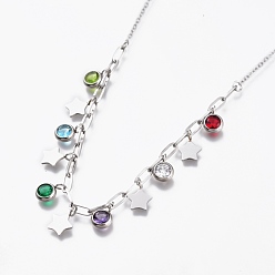 Stainless Steel Color 304 Stainless Steel Pendant Necklaces, with Rhinestone, Birthstone Charms and Paperclip Chains, Star, Colorful, Stainless Steel Color, 18-1/8 inch(46cm)
