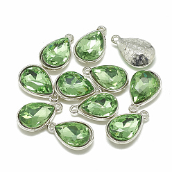 Light Green Alloy Glass Charms, Faceted, teardrop, Platinum, Light Green, 14.5x9x5mm, Hole: 1.5mm