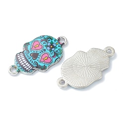 Cyan Alloy Enamel Links Connectors, Sugar Skull, for Mexico Holiday Day of the Dead, Platinum, Cyan, 25.5x13.5x2.5mm, Hole: 1.6mm