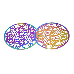 Rainbow Color Ion Plating(IP) 201 Stainless Steel Filigree Cabochons, Etched Metal Embellishments, Musical Note, Rainbow Color, 35x0.2mm