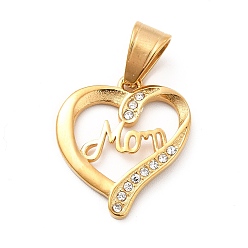 Oro Tema del día de la madre 304 colgantes de acero inoxidable, con diamantes de imitación de cristal, encantos de corazón y palabra "amor", dorado, 23x20x2 mm, agujero: 8x5 mm