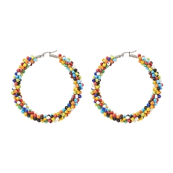 Platinum Colorful Glass Seed Braided Big Hoop Earrings, 304 Stainless Steel Bohemia Earrings for Women, Platinum, 65x66x9mm, Pin: 1mm