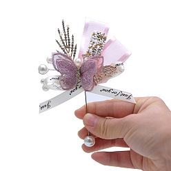 Pearl Pink Silk Cloth Imitation Butterfly & Bowknot Corsage Boutonniere, with Plastic Beads and Rhinestone, for Men or Bridegroom, Groomsmen, Wedding, Party Decorations, Pearl Pink, 130x100mm