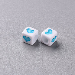 Deep Sky Blue White Opaque Acrylic Beads, Cube with Heart, Deep Sky Blue, 6.5x6x6mm, Hole: 3mm