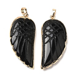 Obsidian Natural Obsidian Pendants, Wing Charms, with Rack Plating Golden Plated Brass Edge, 39x18x7mm, Hole: 6x4mm