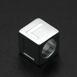 Letter L 201 Stainless Steel European Beads, Large Hole Beads, Horizontal Hole, Cube, Stainless Steel Color, Letter.L, 7x7x7mm, Hole: 5mm