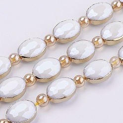 White Opaque Glass Beads Strands, with Brass Findings, Pearl Luster Plated, Faceted, Oval, Golden, White, 12x16x7.5mm, Hole: 1mm, about 10pcs/strand, 8.2 inch (21cm)