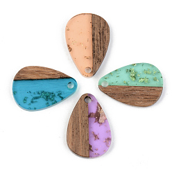 Mixed Color Transparent Resin & Walnut Wood Pendants, with Gold Gold Foil, Teardrop, Mixed Color, 21.5x14.5x3mm, Hole: 2mm